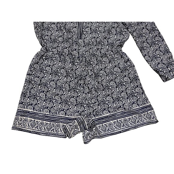 Loft Paisley Romper Blue Long Sleeve Roll Tab Hidden Button Boho Womens Sz 4 - Picture 6 of 8